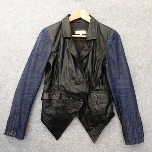 Mixed Media Leather Jacket Womens S Black Denim Moto Biker Two Tone CHARLEY 5.0